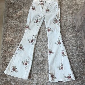 DRIFTWOOD Farrah off White Jeans with Burgundy and Green Floral Embroidery Sz 26